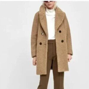 ZARA Neutral Tan Teddy Double Breast Coat Size S